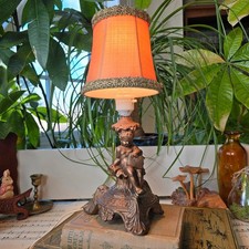 Vintage golden cherub table lamp chalkware & clip on shade baroque rococo