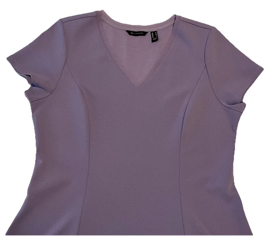 Vestido midi tejido crepé regular H by Halston jacinto (púrpura) dobladillo asimétrico M ¡EXCELENTE ESTADO USADO! Foto 4 de 4