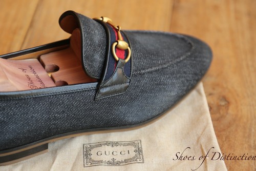 Gucci Blue Denim Shoes Jordaan Brass Bit Loafers Men's UK 8.5 US 9.5 New