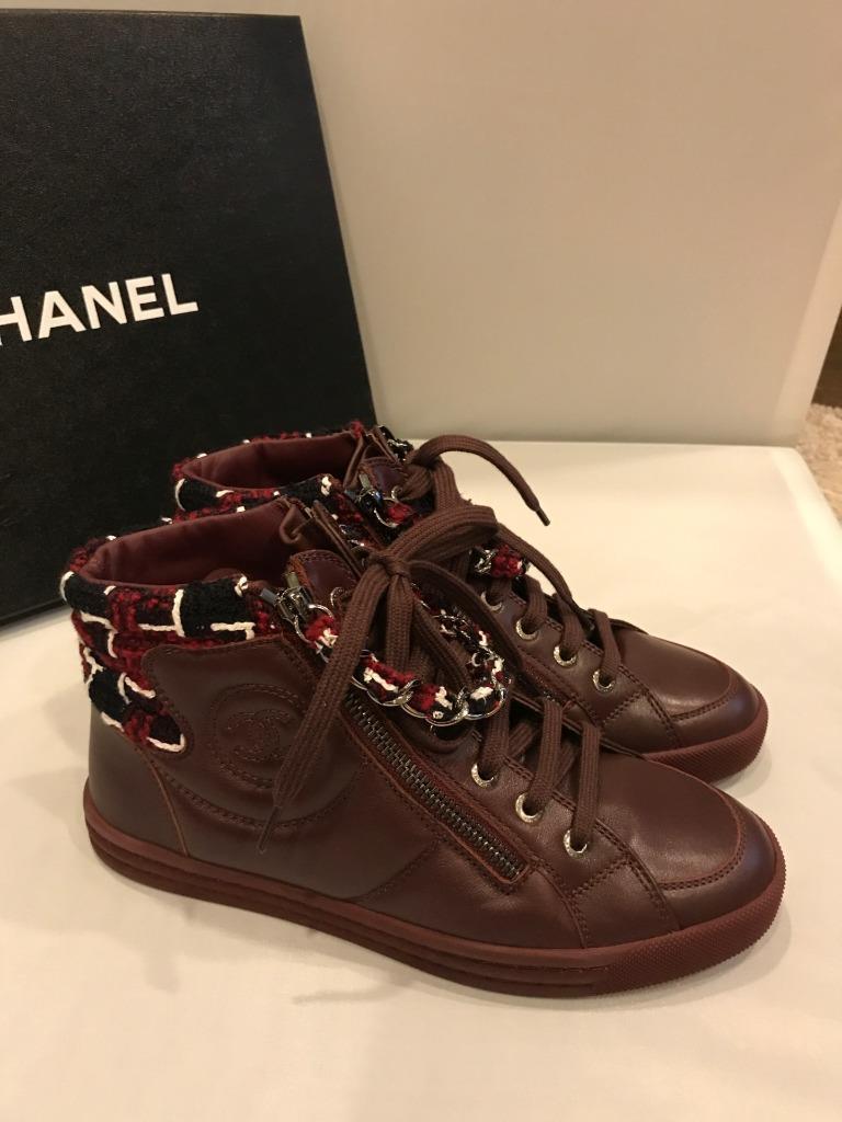 CHANEL 15K Leather Zip Chain High Hi Top Sneakers Kicks