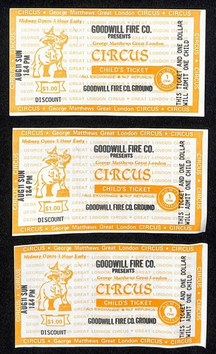 Group of 3 George Matthews Great London Circus Tickets Goodwill Fire Co c1970's