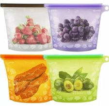 4 pk Reusable Silicone Food Storage Bags,Airtight Seal, dishwasher microwave saf