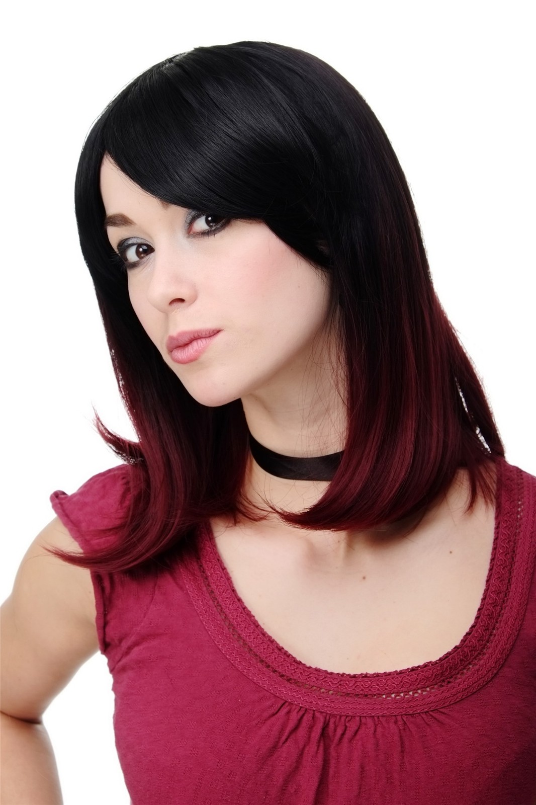 Wig Ombre Black + Eggplant Shoulder-Length Straight Curved Tips H9705