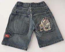 Vintage JNCO Kids Denim Shorts Size 7 Embroidered Jorts Bulldog Pocket Patch