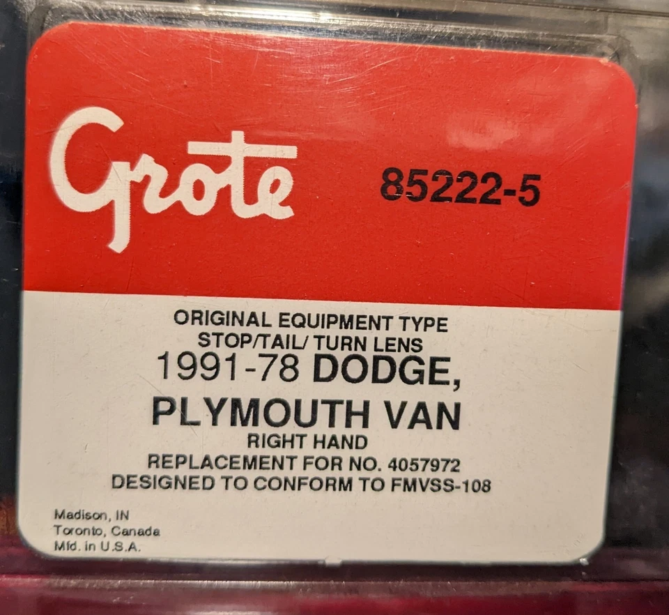Cubierta de luz trasera derecha para Dodge Plymouth Van Grote 78-1991 NOS. Hecho en USA 4057972 Foto 4 de 4