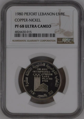 LEBANON , PIEFORT 1 LIVRE LAKE PLACID OLYMPICS 1980 - NGC PF 68 UC , RAREZ