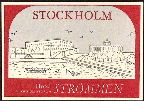 Stockholm Hotel Strommen Außenansicht Vintage Gepäck Etikett 3 x 4,25" - Bild 1 von 2