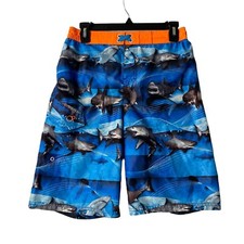 OP Boys Sz XL 14-16 Blue Sharks Graphic Print Swimming Trunks Board Swim Shorts