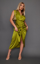 GREEN SATIN PLUNGE DRAPED SKIRT MIDI DRESS SIZE 12 NEW WITH TAGS