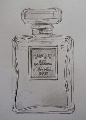 Bleistiftzeichnung Coco Chanel Paris Parfum Flakon Original Handgezeichnet