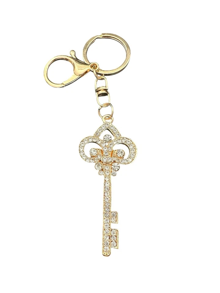Dije de bolso de llave dorado de la suerte con diamantes de imitación de lujo, llavero, accesorio de llavero Foto 2 de 3