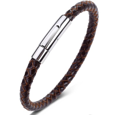MEN/Women 6 mm Brown Braided Genuine Leather Wristband/Leather Bracelet 7.5-8.5''