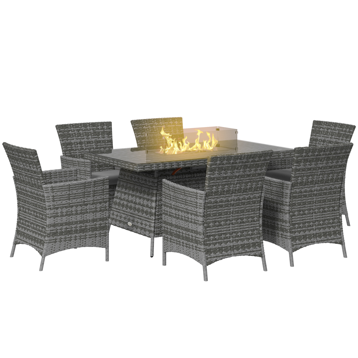 Outsunny PE Rattan Dining Set with Fire Pit Table and Cushioned Armchairs - Grey