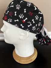 Surgical Scrub Cap Hat Women  s Ponytail Dog Paw Prints Design
