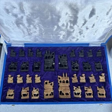 Vintage Rajasthani Hand Carved Sandalwood & Ebony Blackwood Chess Set