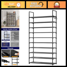 10-Tier Shoe Rack Organizer - Large Capacity Space-Saving Shelf with Hooks, 32.2