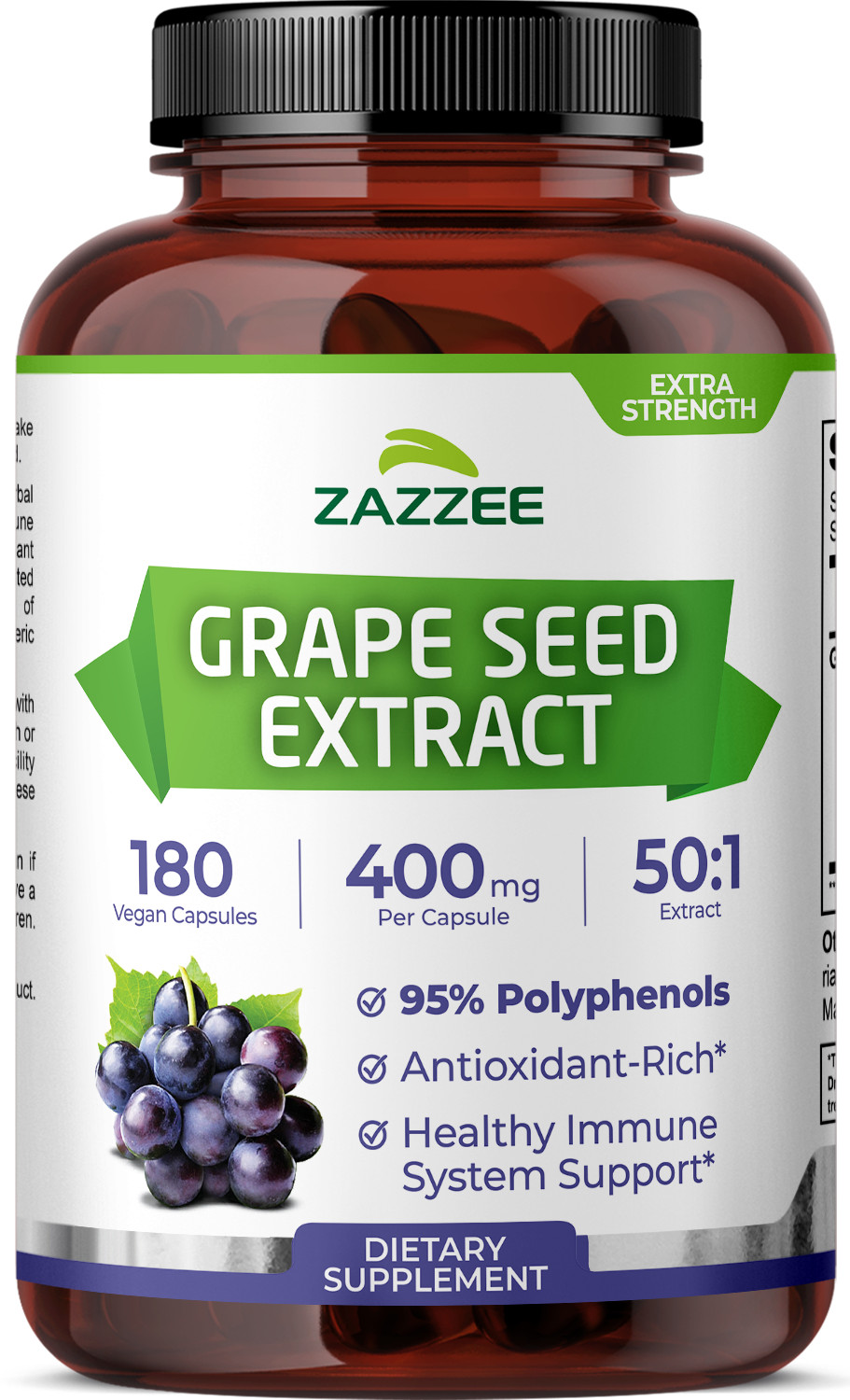 Zazzee Grape Seed Extract 180 Veggie Capsules 400 mg 95% Polyphenols Antioxidant