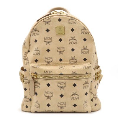 MCM Logogram Visetos Backpack Rucksack Leder Nieten Beige Gold Hardware