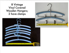 Lot of 8 Vintage Blue Vinyl Covered Wooden Hangers; Curve 16"; 2 with clamps