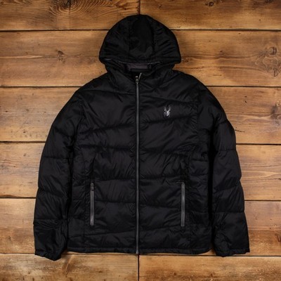 Spyder Puffer Jacke L Herren 00s schwarz Nylon Kapuze durchgehender Reißverschluss Ski Schnee Winter Daunen
