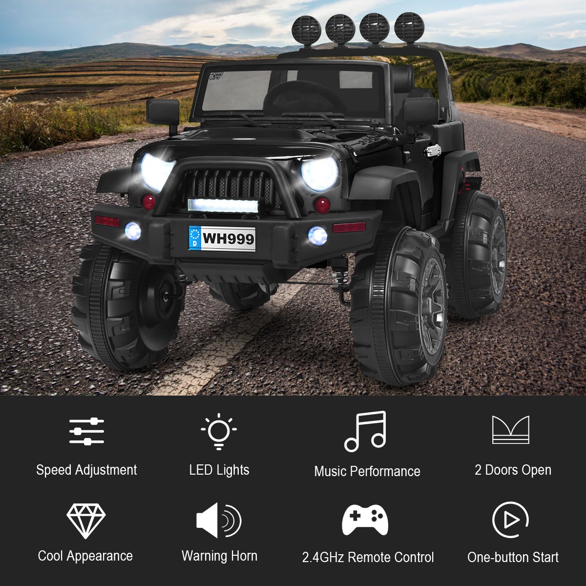 12V Kids Ride On Truck RC Car Spring Suspension w/ LED Light Music Trunk Black