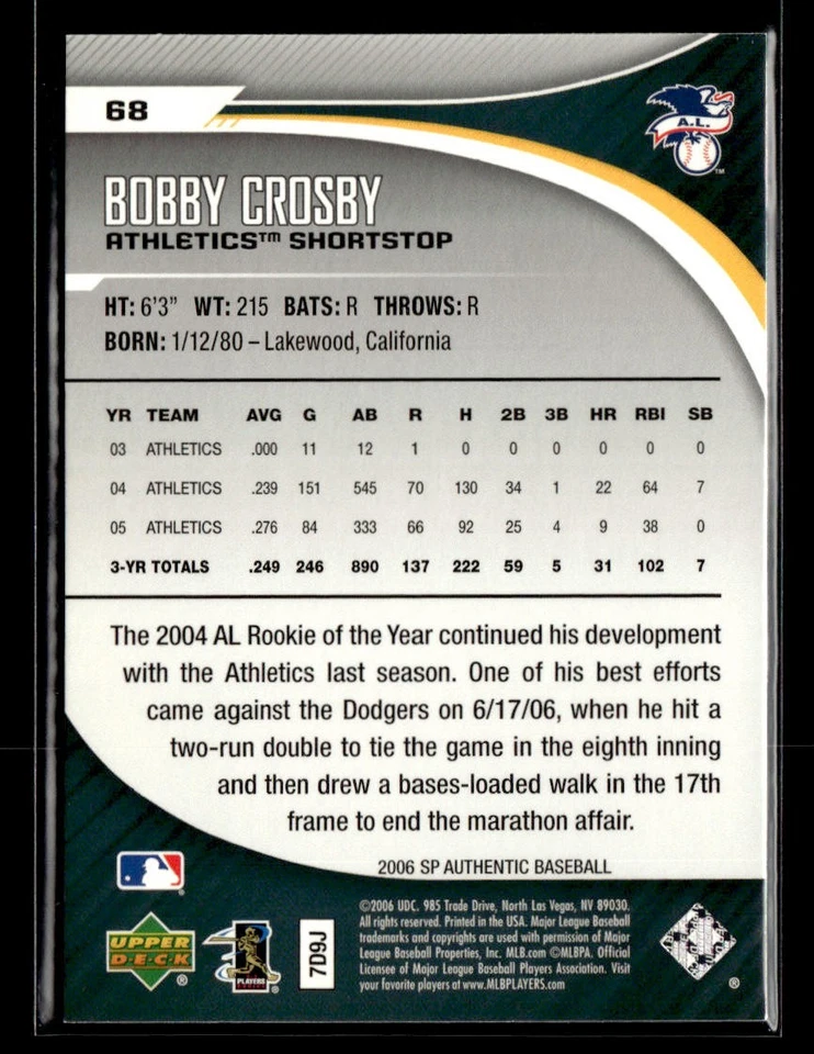 2006 SP Authentic #68 Bobby Crosby Card Oakland Athletics - Image 2 of 2