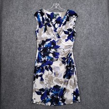 LRL Ralph Lauren Faux Wrap Dress Womens 14P Petite Blue Floral Sleeveless Ruched