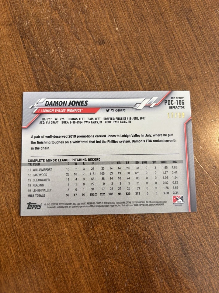 Damon Jones 2020 Topps Pro Debut Chrome Refractor PDC-106 Ironpigs Phillies /99 - Image 2 of 2