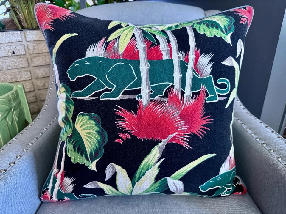 Funda de almohada vintage Glammy Panther & Palms Swank Art Deco Miami Beach corteza Foto 2 de 4