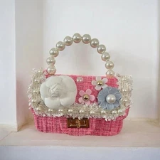 Mini Tweed Handbag Girls Designer Inspired Tote Pearls Floral Crossbody Bag Pink