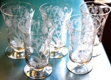 Vtg Set 5 TIFFIN FRANCISCAN Wine/Juice Glasses NEEDLE ETCHED POPPY FLOWERS 1920s