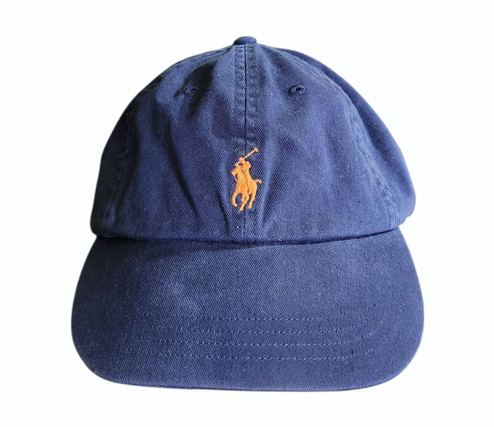 Cappello berretto vintage Polo Ralph Lauren blu con logo pony arancione cinturino regolabile posteriore