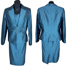 Travis Ayers Silk Suit Size 6 Jacket Skirt Set Peacock Blue Teal 2 Piece Vintage
