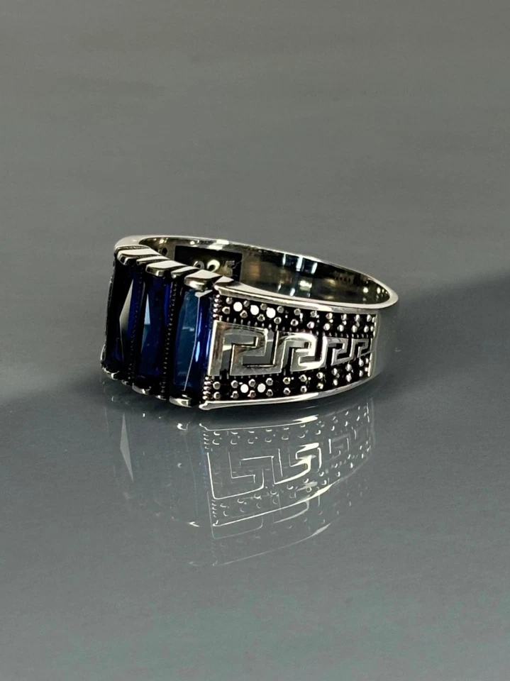 Men's Sapphire Stone Sterling Silver Ring: Greek Key Handmade Statement Jewelry - Image 3 of 3