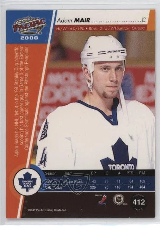 1999-00 Pacific Red Adam Mair #412 Rookie RC - Image 2 of 2
