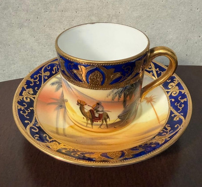 Old Noritake Raised Gold Moriage Desert Scene Man on Camel Cup and Saucer Set