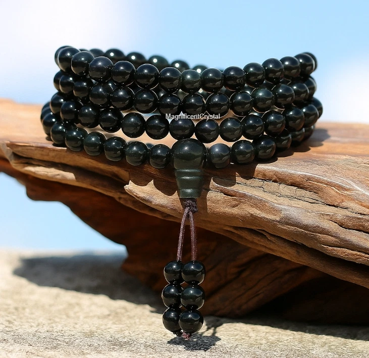 Радужный черный обсидиан 108 Мала молитва бисер ожерелье исцеление браслет подарок - Изображение 4 из 4