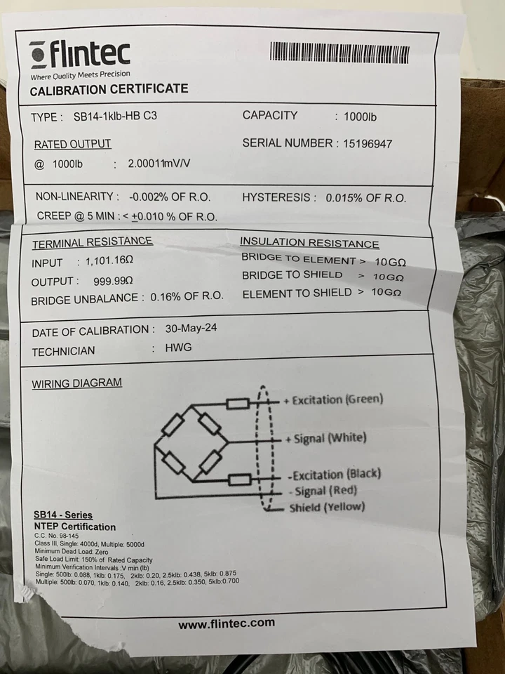 Flintec SB14-1klb-HB C3 Single Ended Beam Loadcell Cap. 10,000lb @2.000111mV/V - Image 4 of 4