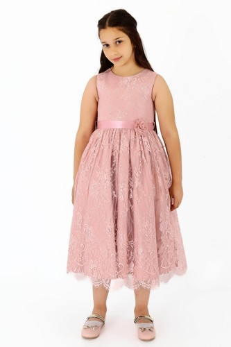 Vestido de encaje flor niña debajo de la rodilla sin mangas comunión boda dama de honor conjunto - Imagen 19 de 21