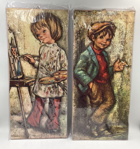2 Mid Century Vtg 1960s Prints Art Decor Mod Big Eye Plaques Child N O S  Italy - Picture 1 of 11