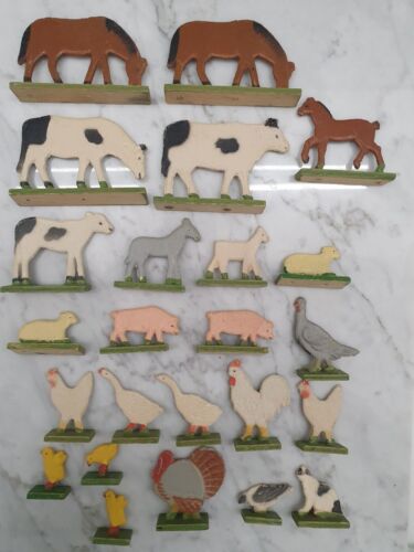 Madera Vintage Erzgebirge Animales de Granja 24 Gato Pollo Cerdo Cordero Caballo Vaca Alemania