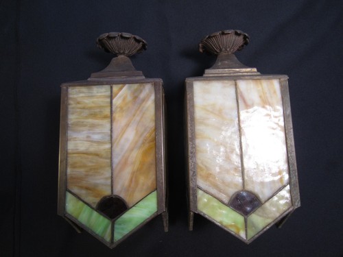 New ListingAntique Arts & Crafts Mission Hanging Light Fixtures Copper & Slag Glass 2 avail