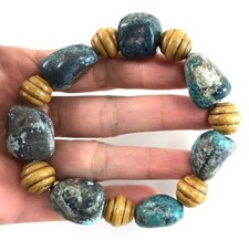 Blue Turquoise Bracelet Rough Nugget Wood Beads Stretch Healing Gemstone Kingman
