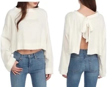 Free People Walking in Hueco Textured Ivory Split Back Boho XS Top Oversized #W8
