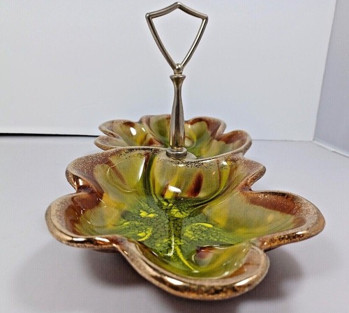 Vtg. California Pottery Double Tidbit Snack Tray Metal Handle Cal.Orig.306 USA - Picture 4 of 8