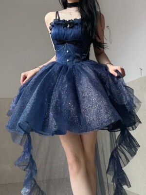 Devilinspired Dunkelblaues glitzerndes Kleid, baskischer Taille & Pulloverrock