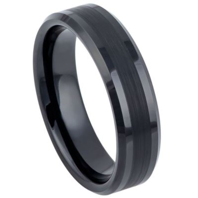 Tungsten Ring Unisex Black IP Plated Brushed Center Shiny Lines on each side 