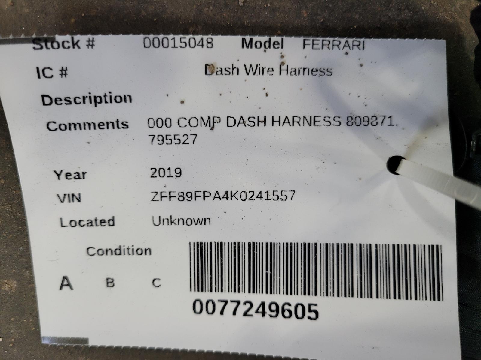 2017-2020 Ferrari Portofino Complete Dash Wire Harness; part# 809871, 795527