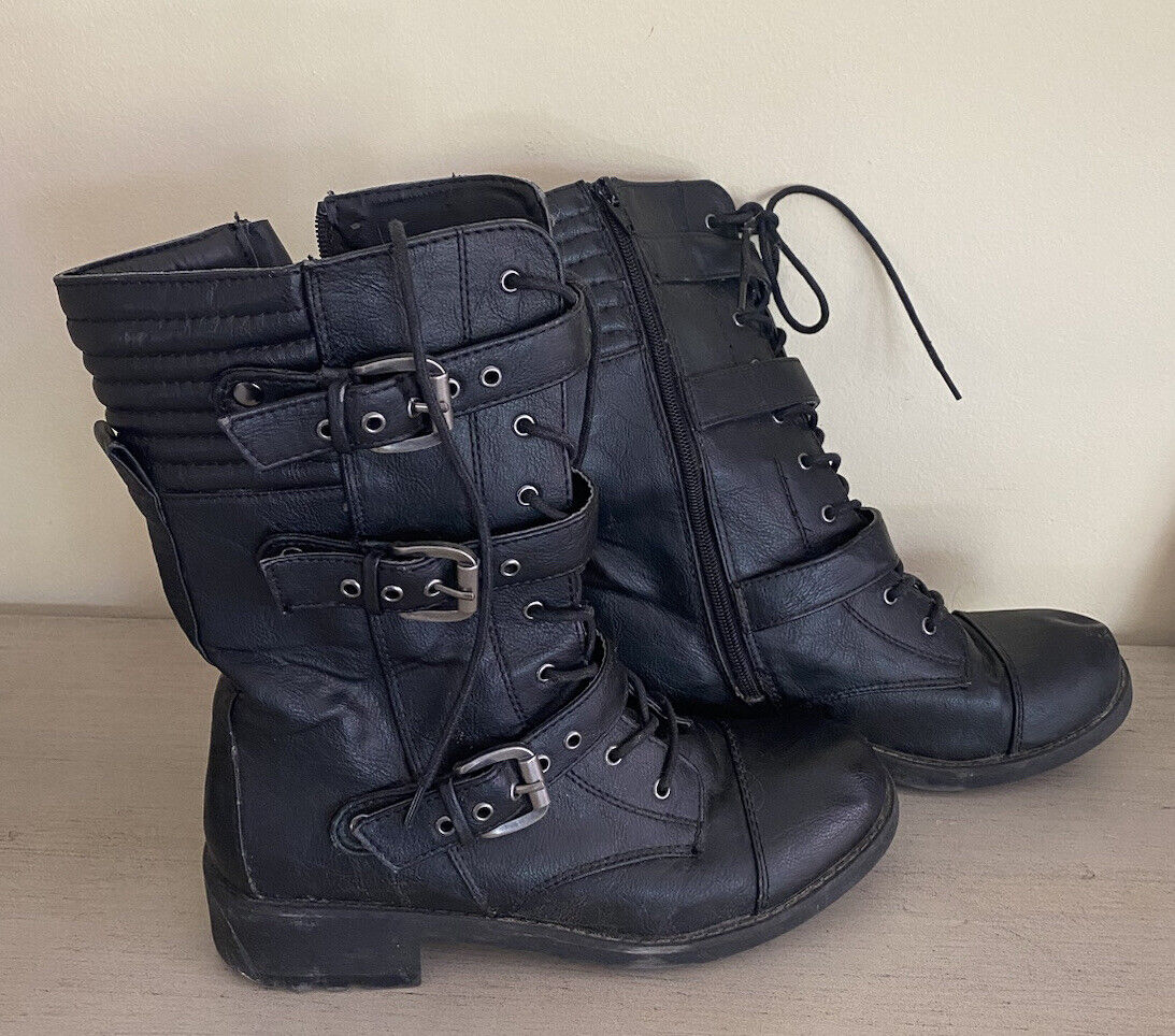 BIKER MILITARY BOOTS BLACK MANMADE LEATHER SIZE 9 - image 1