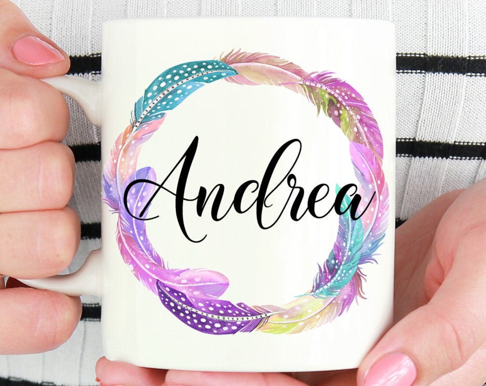 Customized Mugs For Her Name Mug Boho Feathers Mug